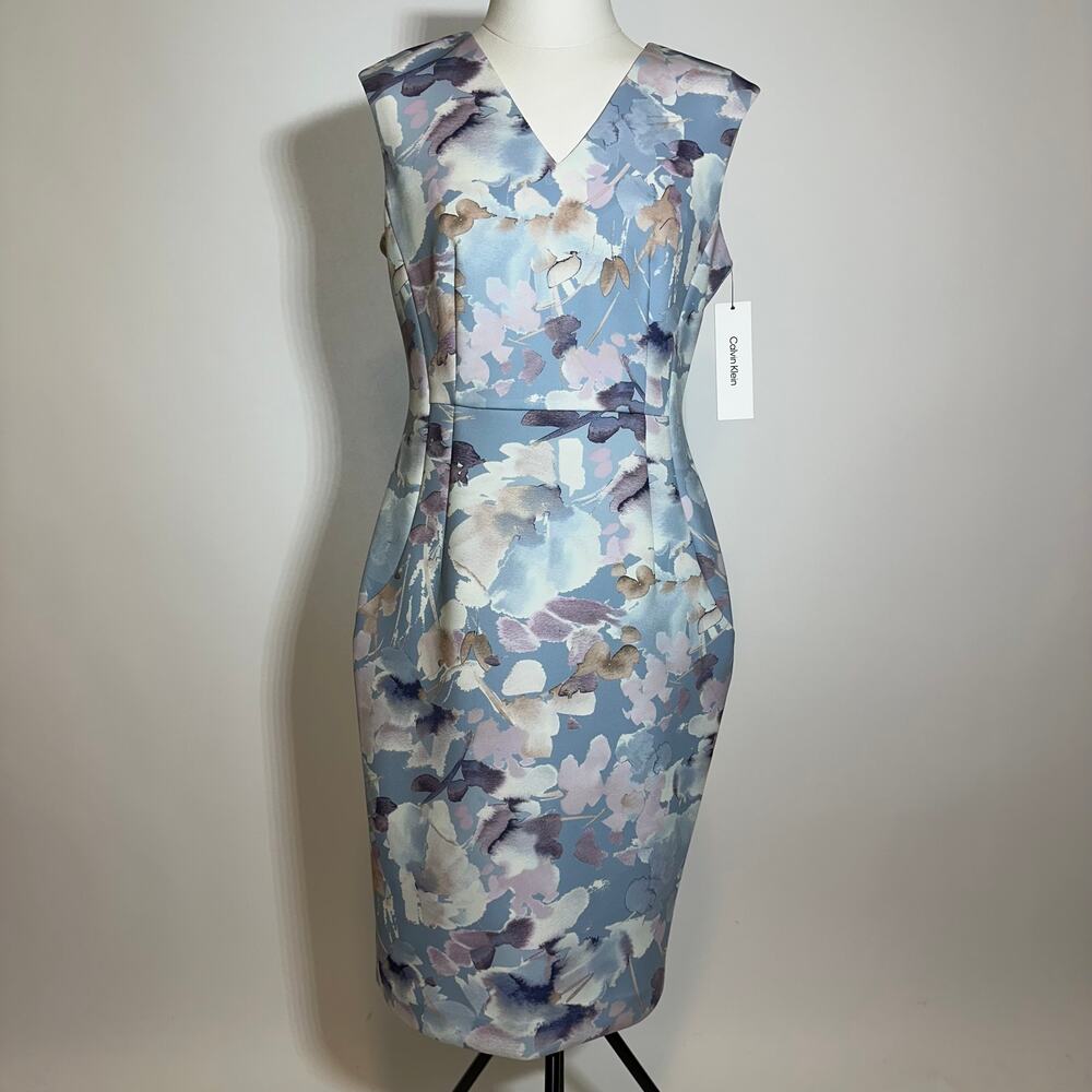 NWT Calvin Klein Blue Floral Print Sleeveless Sheath Dress Scuba Womens Size 10
